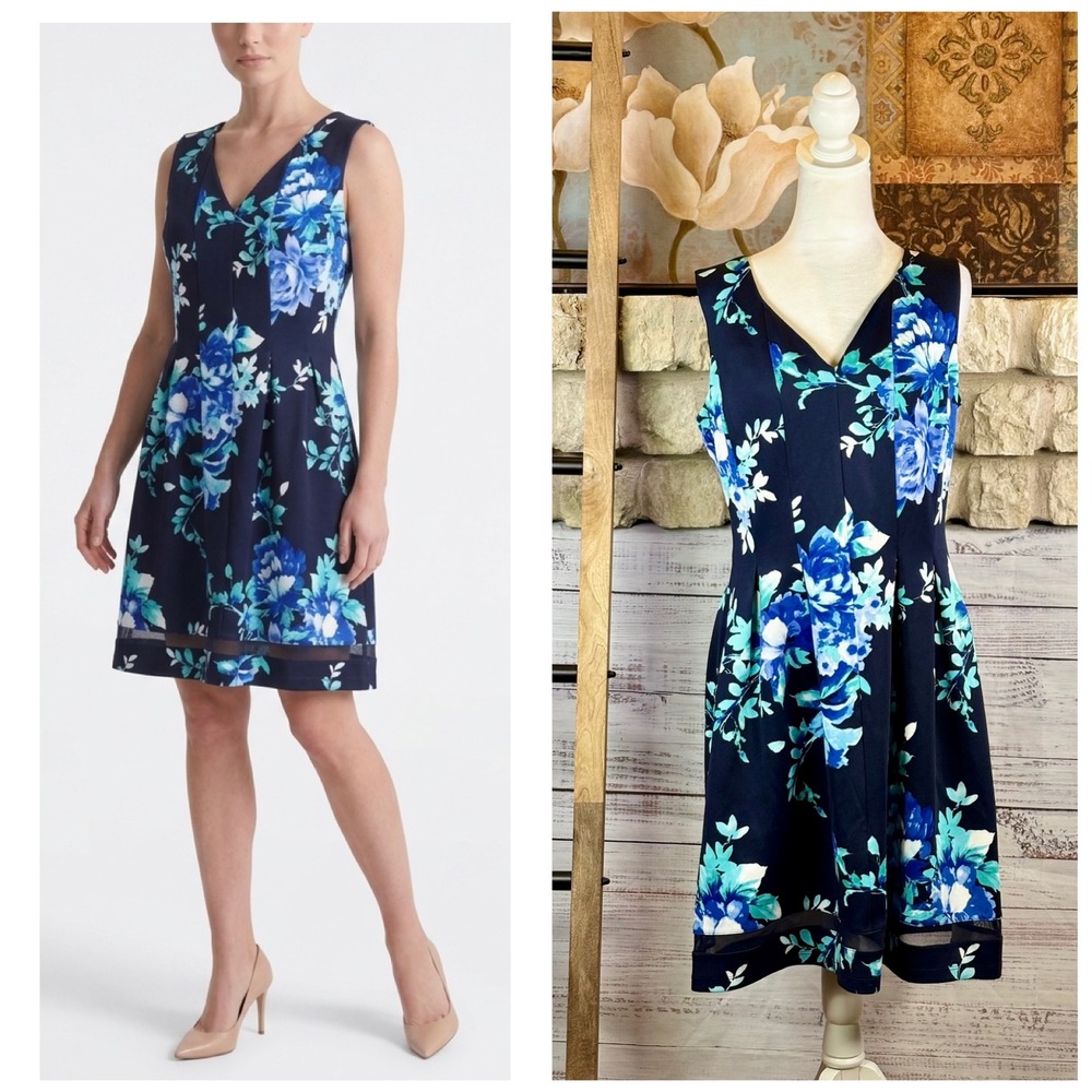 Enfocus Studio Womens Navy Blue Floral V-Neck Mesh Hem Sheath Dress Size 12